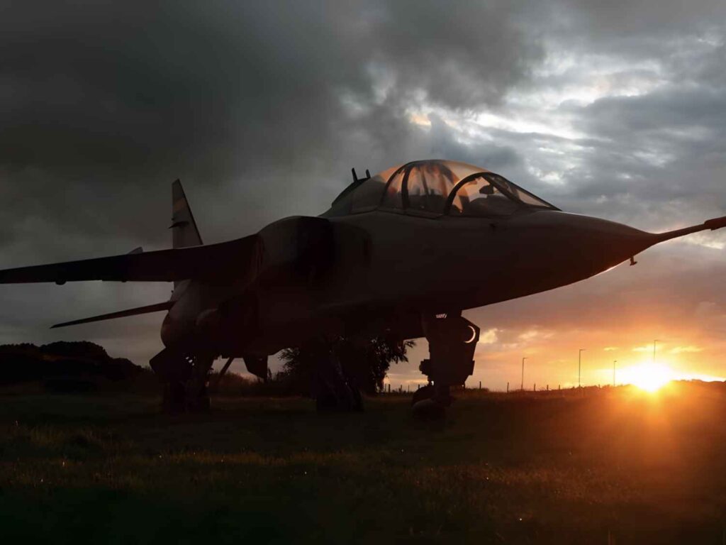 Silhouette of the SEPECAT Jaguar XX146 at sunrise.