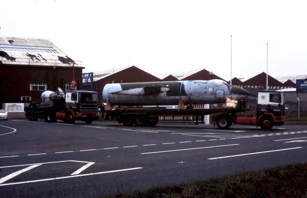 The Canberra fuselage starting its journey to the Solway Aviation Museum on a trailer.