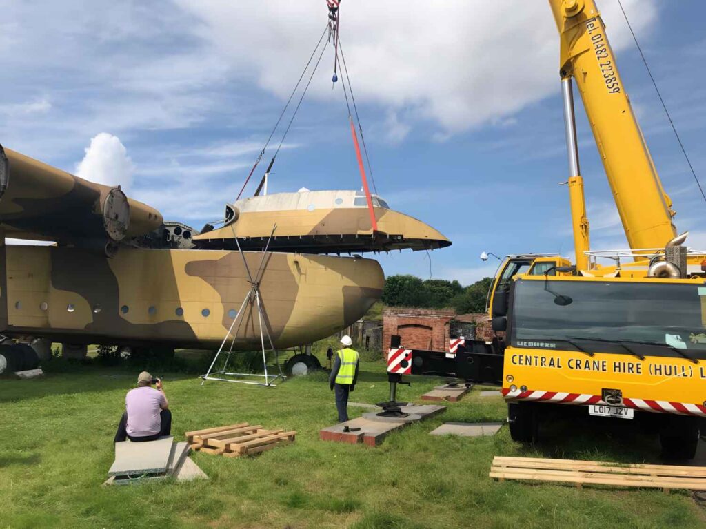 Cockpit section being hoisted by crane from the fuselage at Fort Paull.